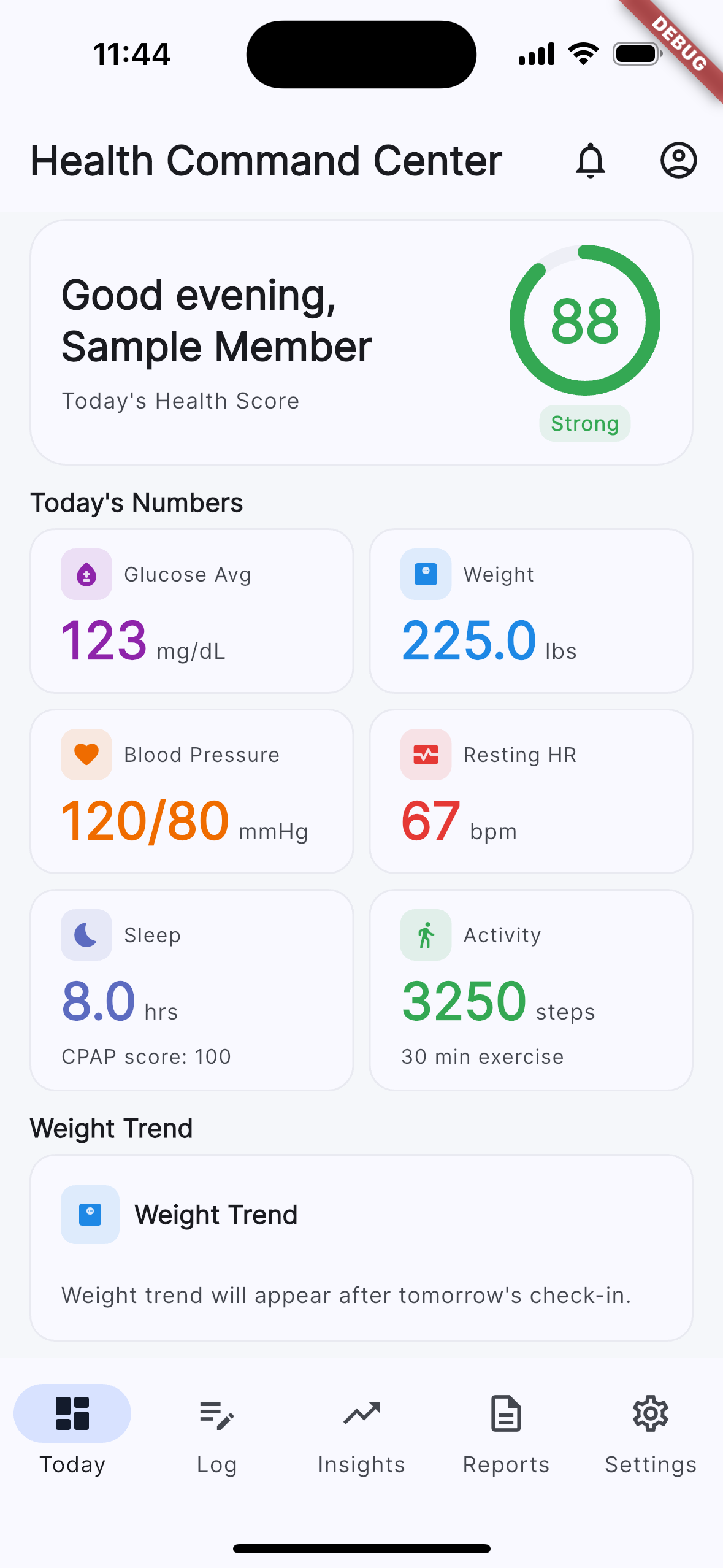 Health Command Center dashboard showing a health score and connected daily health metrics